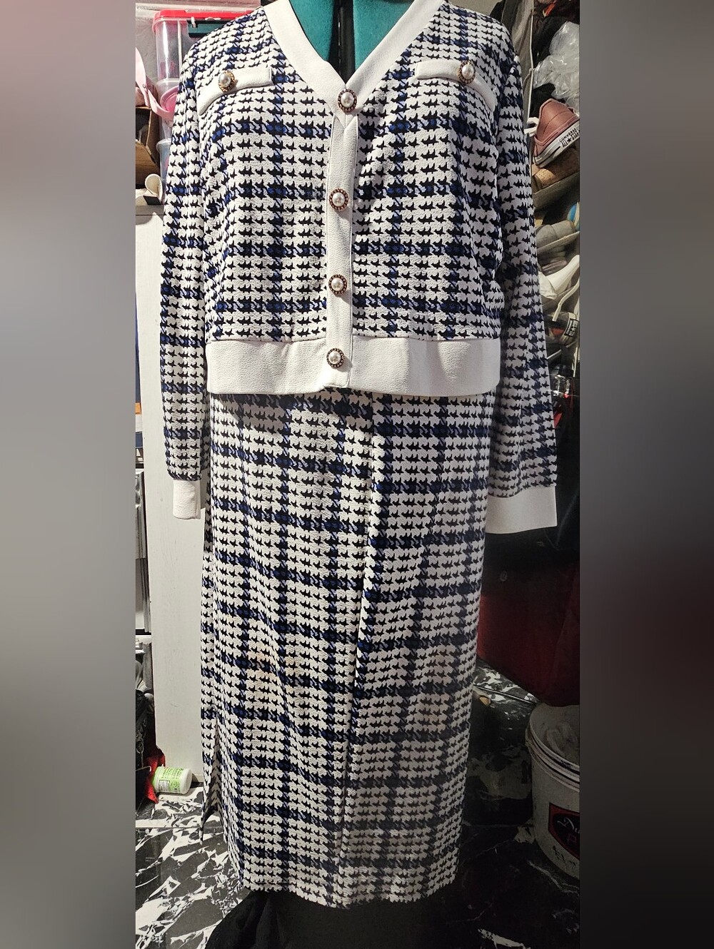SHEIN Navy and White Houndstooth Maxi Skirt Set